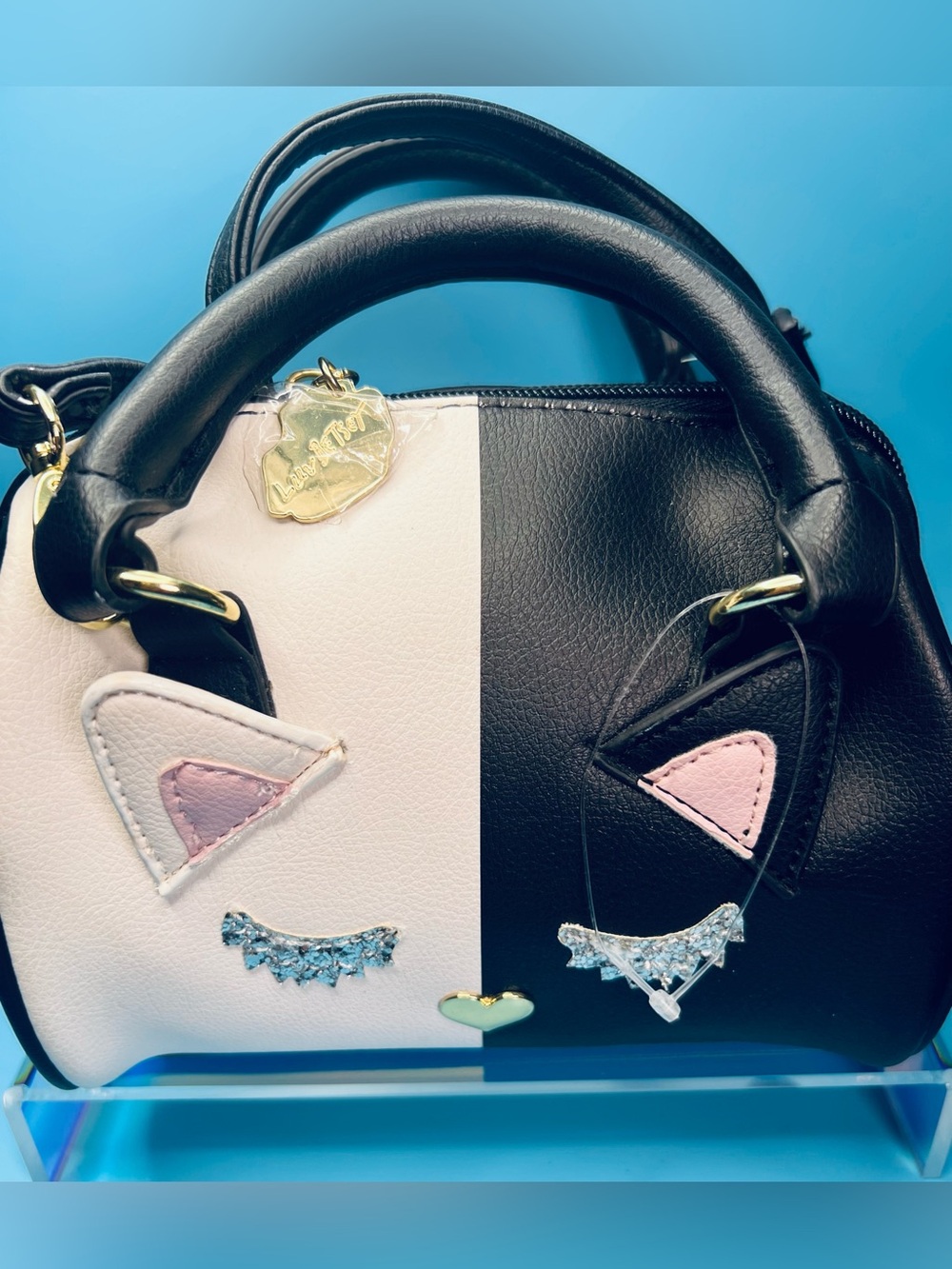 Luv Betsey by Betsey Johnson Split Pink & Black Cat Mini Barrel Bag NWOT